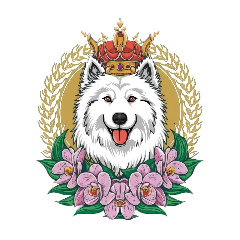 Dessin animé Spitz Samoyède avec orchidées et couronne