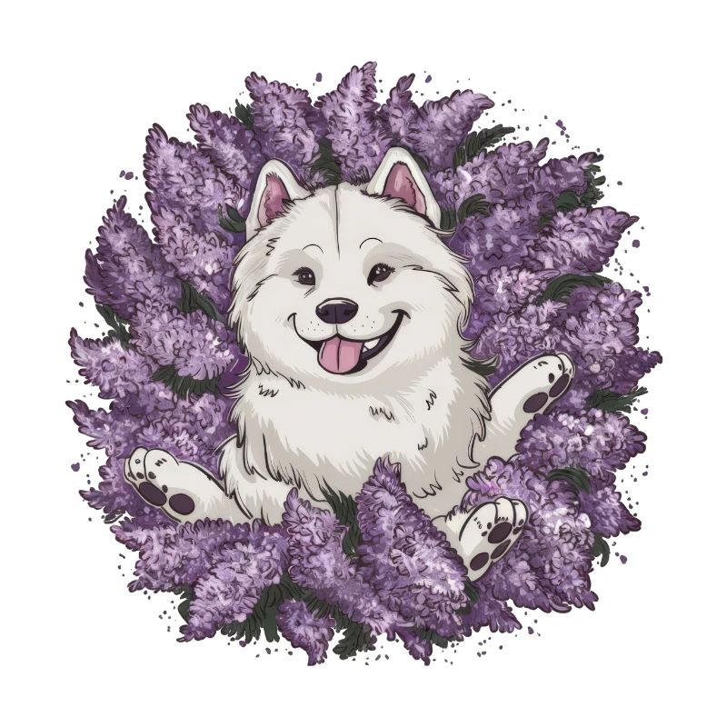 Spitz Samoyède doux avec un beau lilas