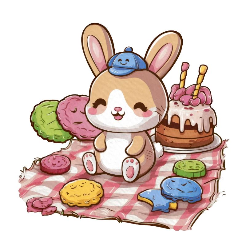 Dessin animé lapin kawaii avec des biscuits et un gâteau