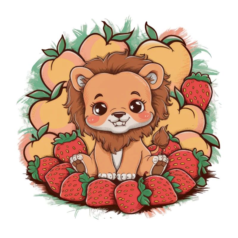 Kawaii Löwe mit Erdbeeren und Pfirsichen