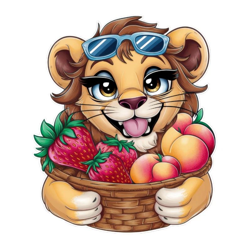 Kawaii Löwe mit Erdbeeren und Pfirsichen