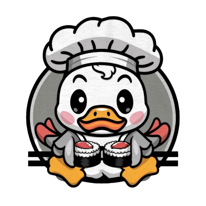 Caneton dans le style d’un dessin animé avec une toque de chef et des sushis