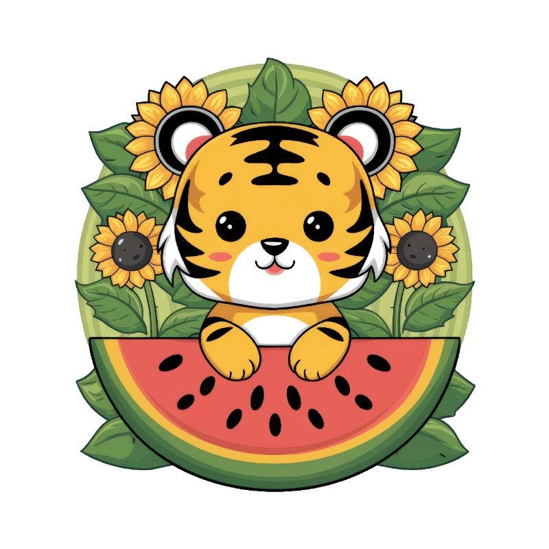 Tigre kawaii dans le style dessin animé avec pastèque