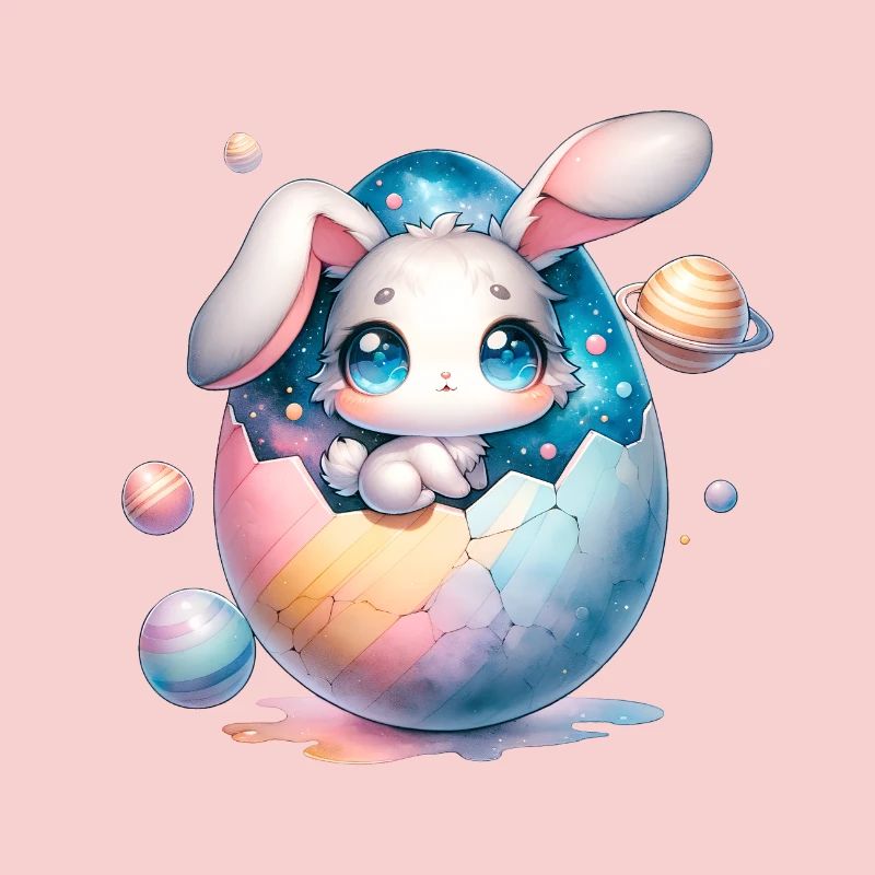 Chibi Space Bunny Sitting In a Cracked Easter Egg