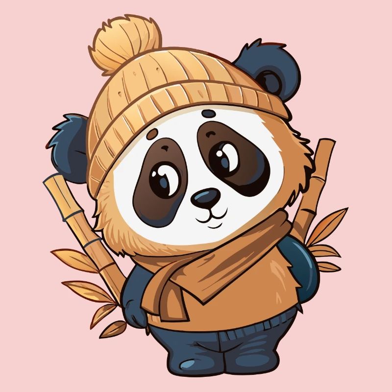 Panda mignon avec écharpe et chapeau à pompon.