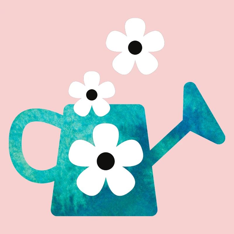 Blaue Gießkanne mit Blumen