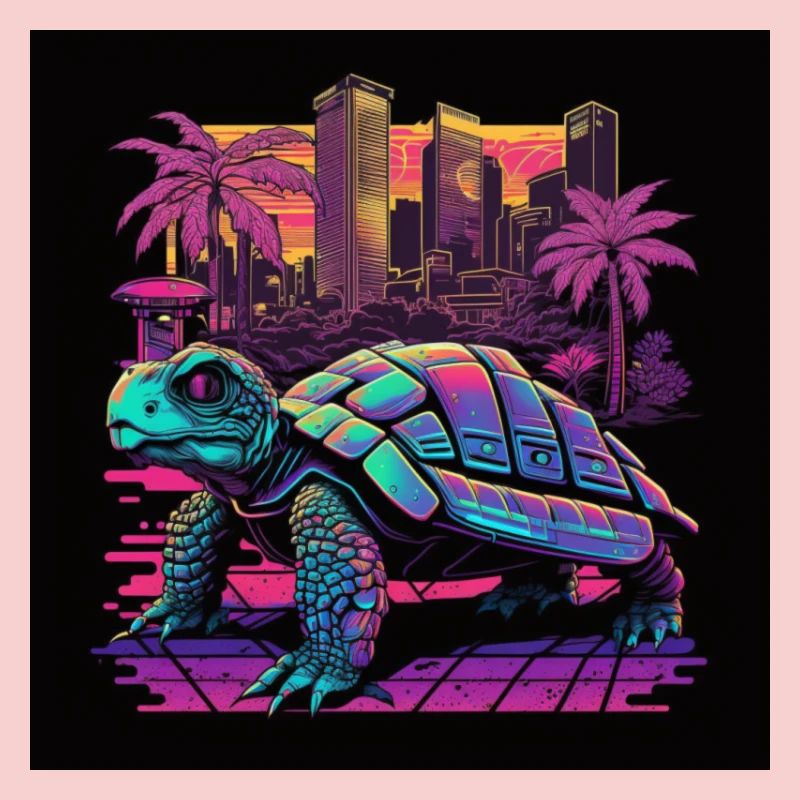 Schildkröte mit Neonfarben, Synthwave / 80er Jahre