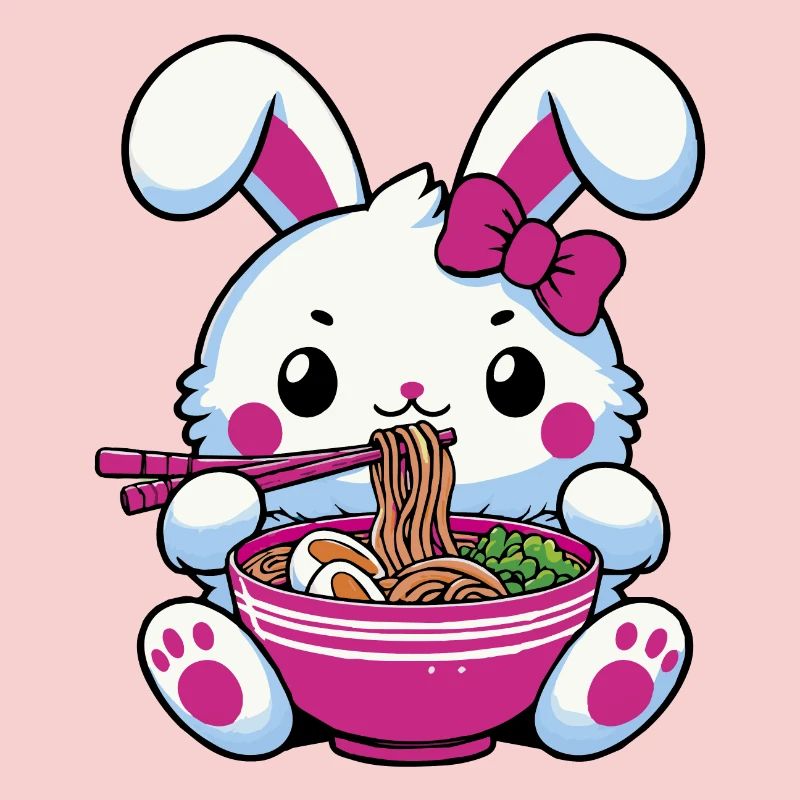 Lapin mignon kawaii mangeant des ramen
