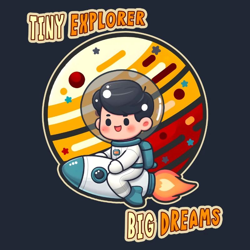 Tiny Cute Explorer, Astronaut Kid on a Rocket Tees