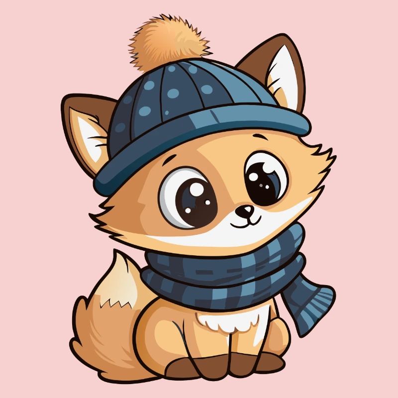 Renard mignon avec écharpe et chapeau à pompon.