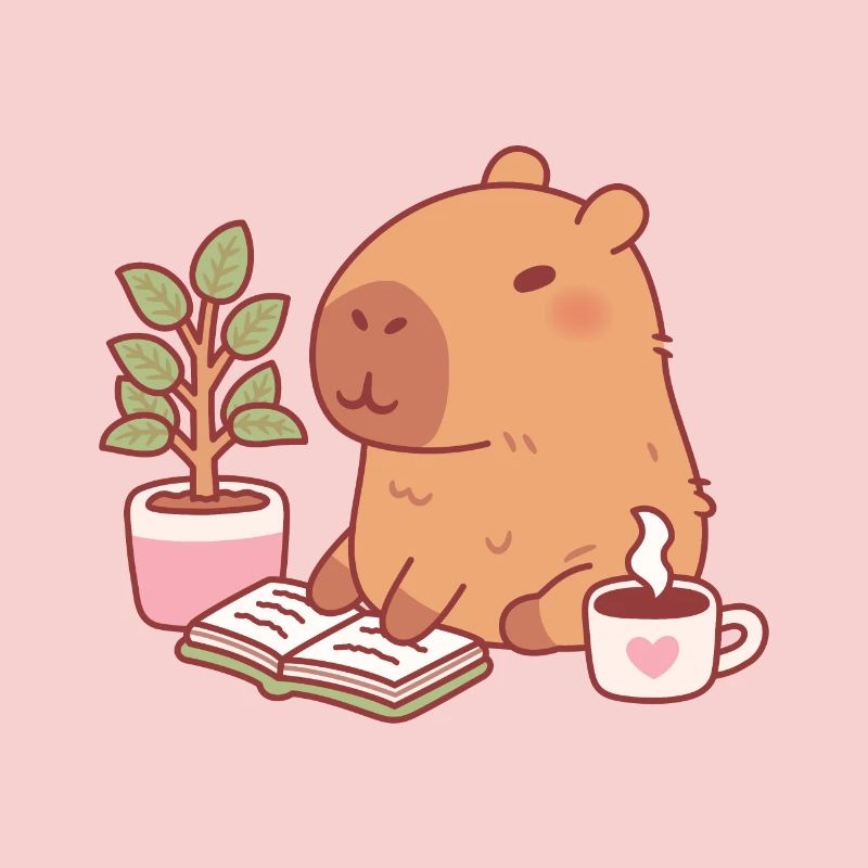 Cute Capybara Enjoying A Good Read And Coffee