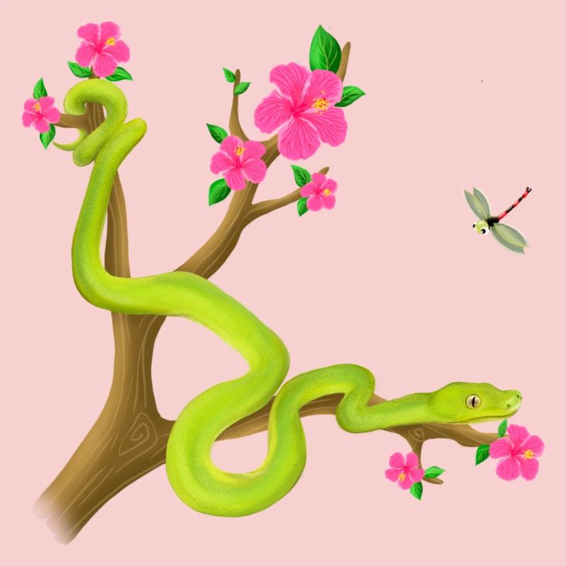 Der Grüne Python Schlange auf dem Baum mit Blümen