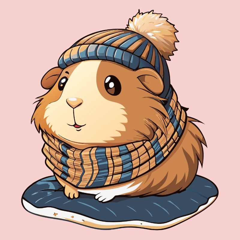 Mignon cochon d’Inde avec écharpe et chapeau à pompon.