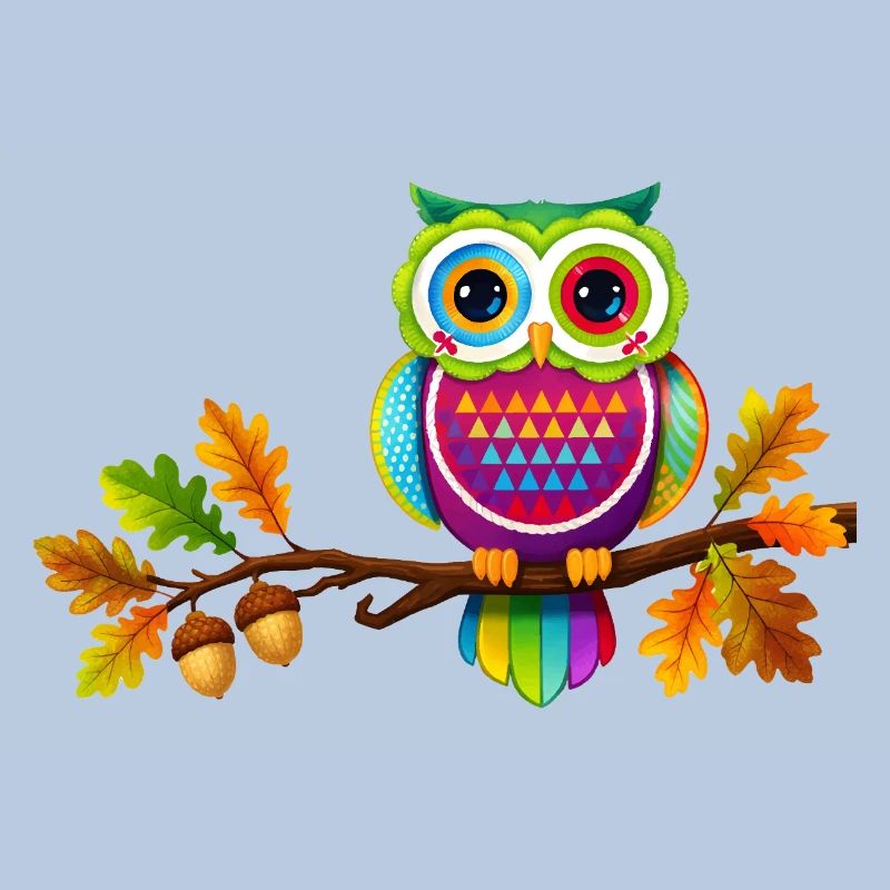 Bunte Eule auf Ast mit Herbstblättern