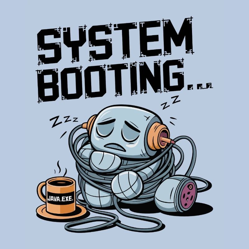 Sleepy Robot Booting with Java.exe Coffee – Funny