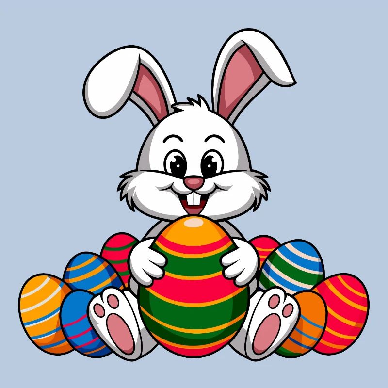 Funny Easter bunny with lots of colorful Easter eggs
