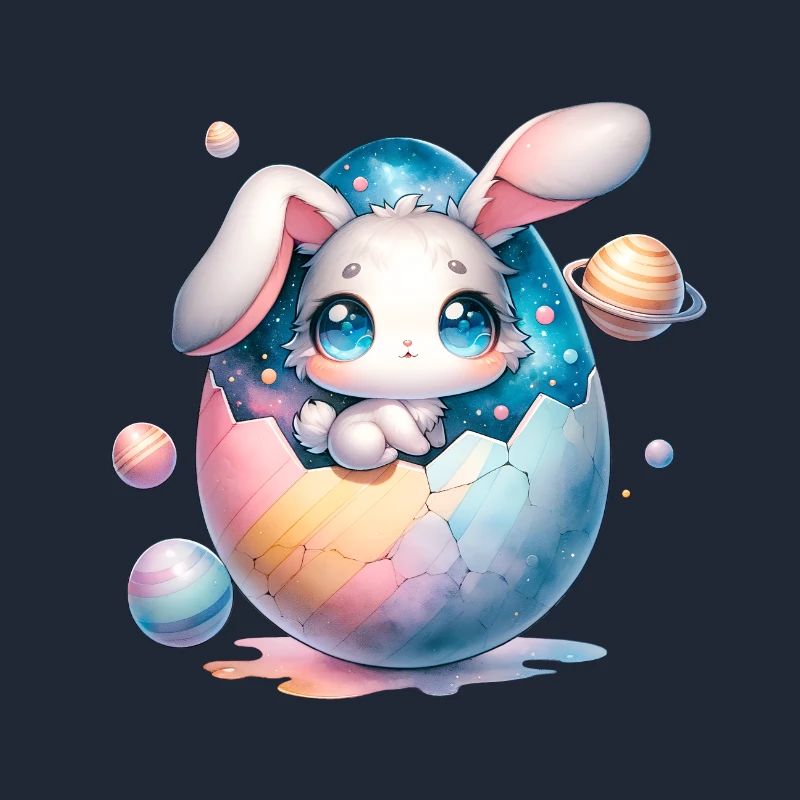 Chibi Space Bunny assis dans un œuf de Pâques fêlé
