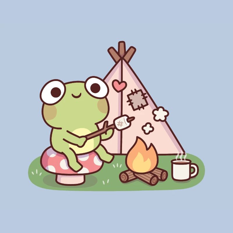 Cute Frog Toasting Marshmallow At Campfire