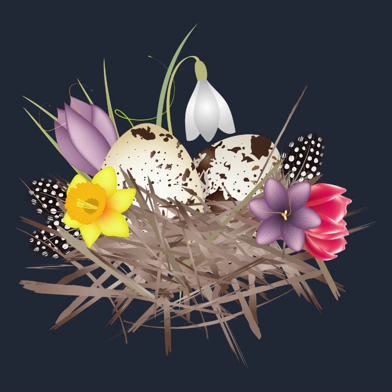 Spring nest with eggs, feathers and spring flowers