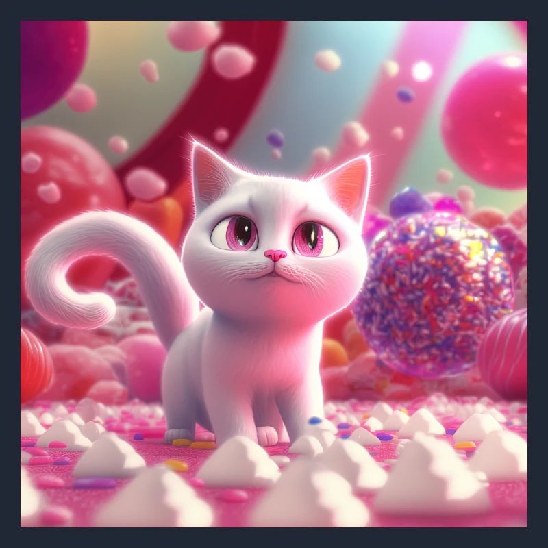 A Tiny Cute White Cat In A Pink Candy World
