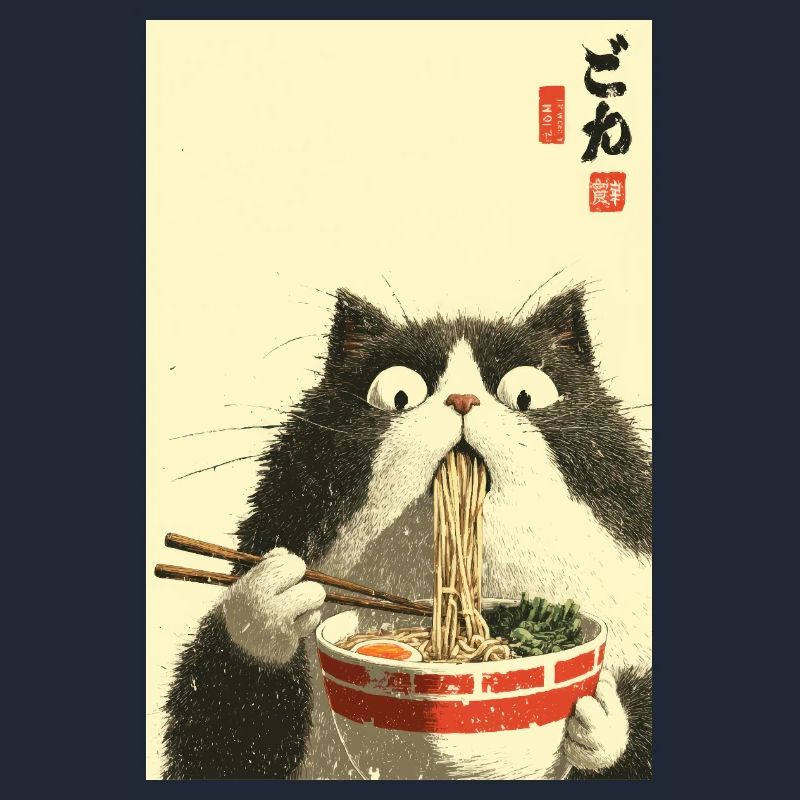 Chat surpris mangeant des ramen