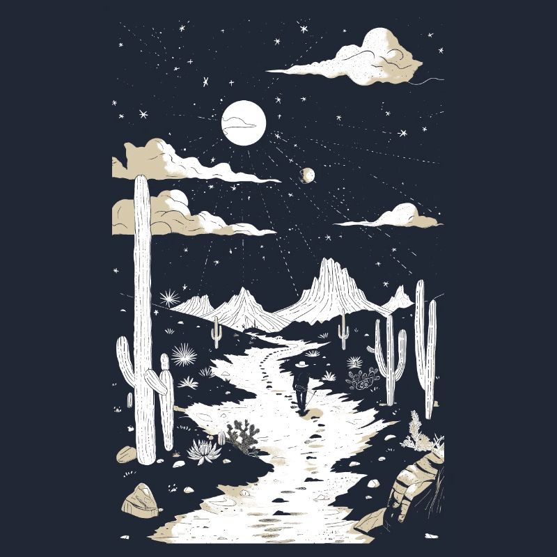Path through the desert with footprints and cactus