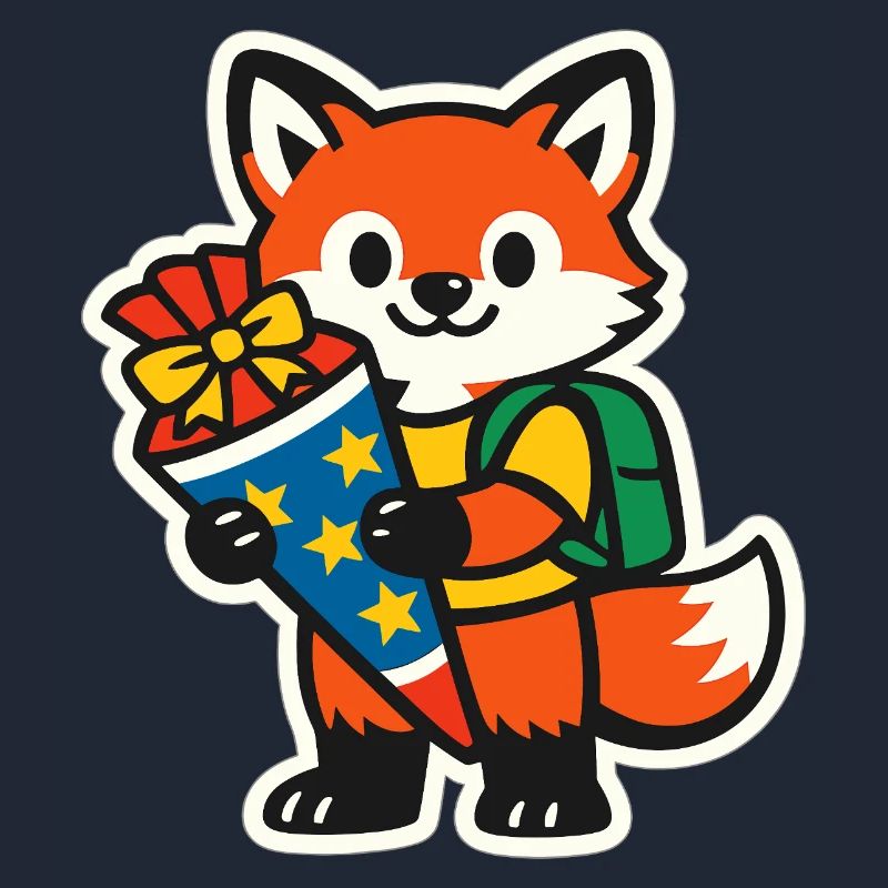Fuchs mit Geschenk und Rucksack Einschulung