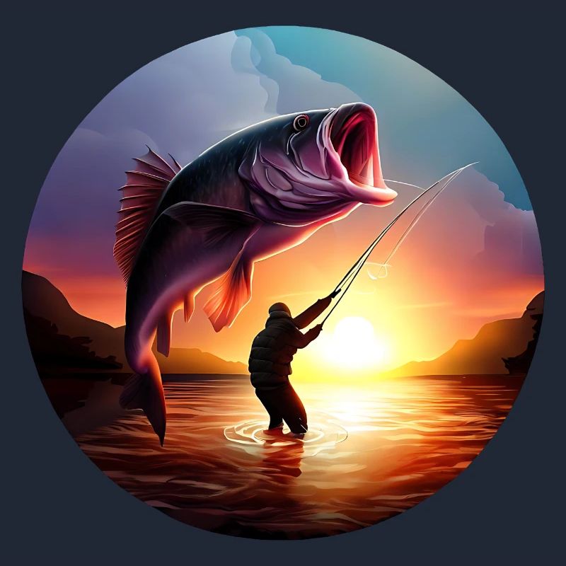 Pêcheur avec coucher de soleil de poisson géant