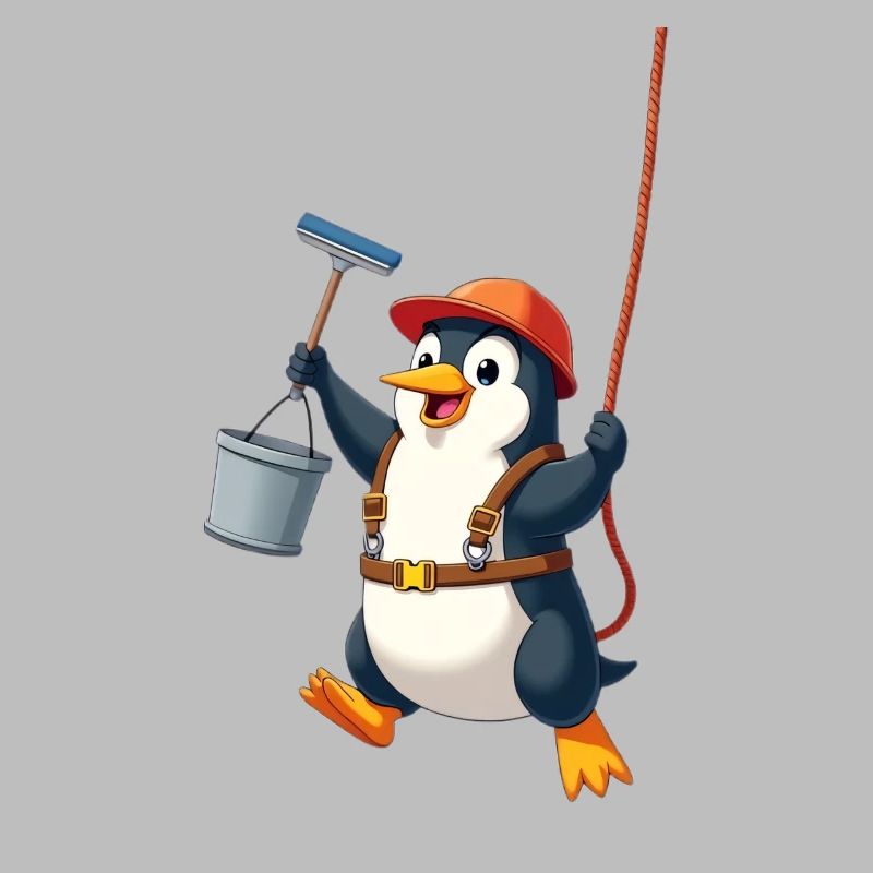 Penguin cleaning windows - Abseiling down