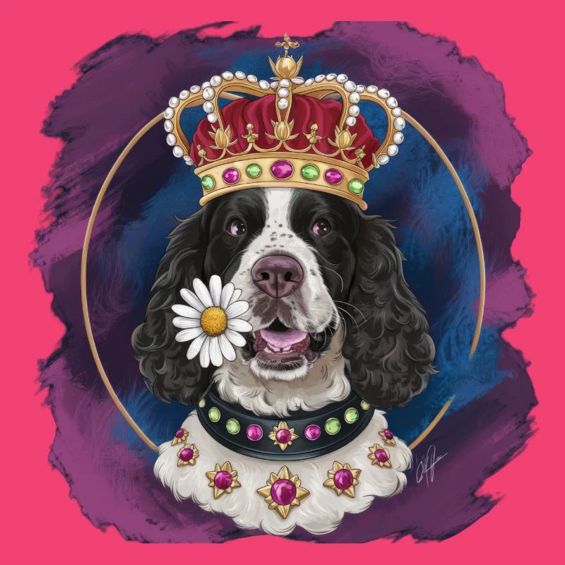 Cocker Spaniel mit Blumen und Krone