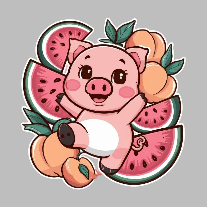 Kawaii Schwein mit Pfirsichen und Wassermelone