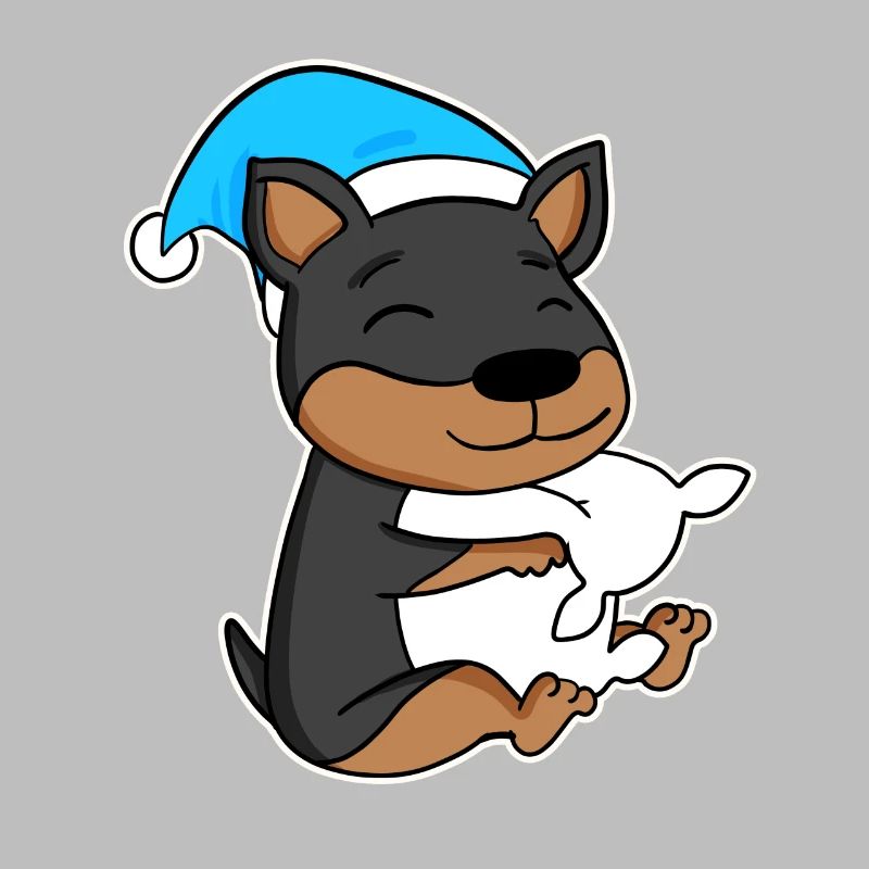 Dog Dwarf Pinscher with pillow and sleeping cap