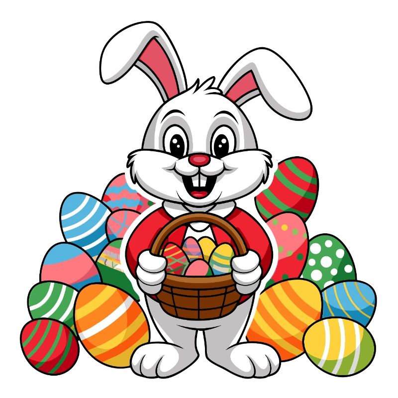 Funny Easter bunny with lots of colorful Easter eggs