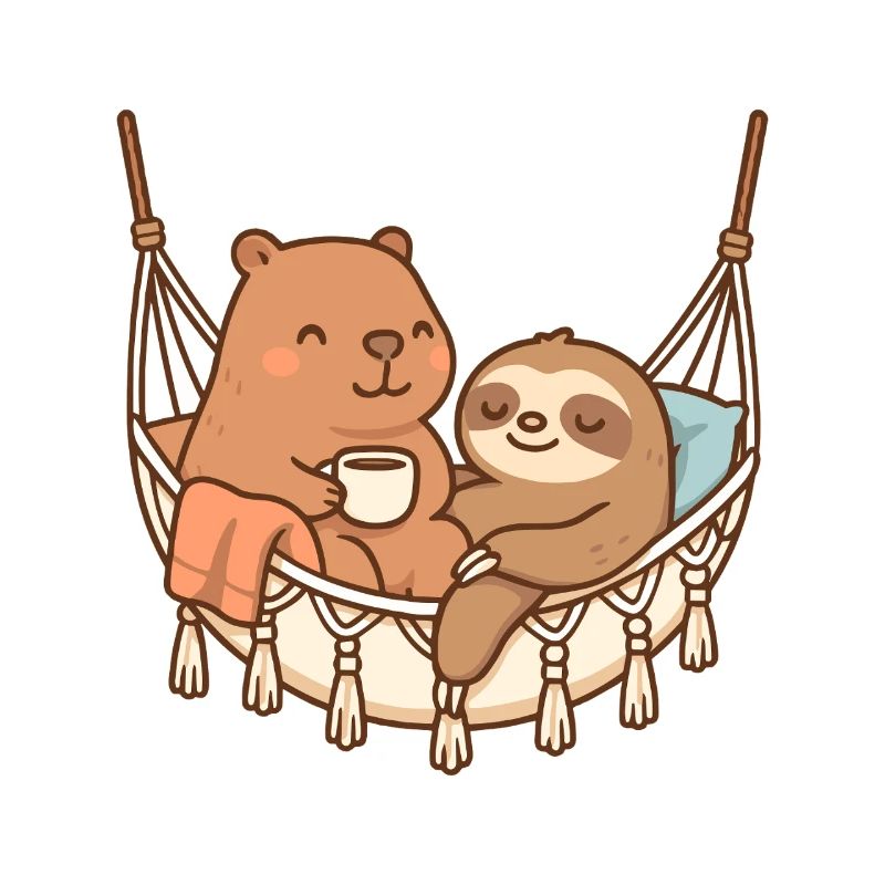 Capybara & Sloth – Cozy Friends in Hammock ☕