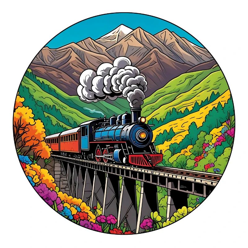 Bunter nostalgischer Eisenbahnzug mit Dampflok