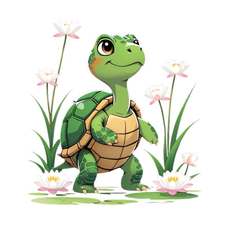 Tortue heureuse dans une mer de fleurs