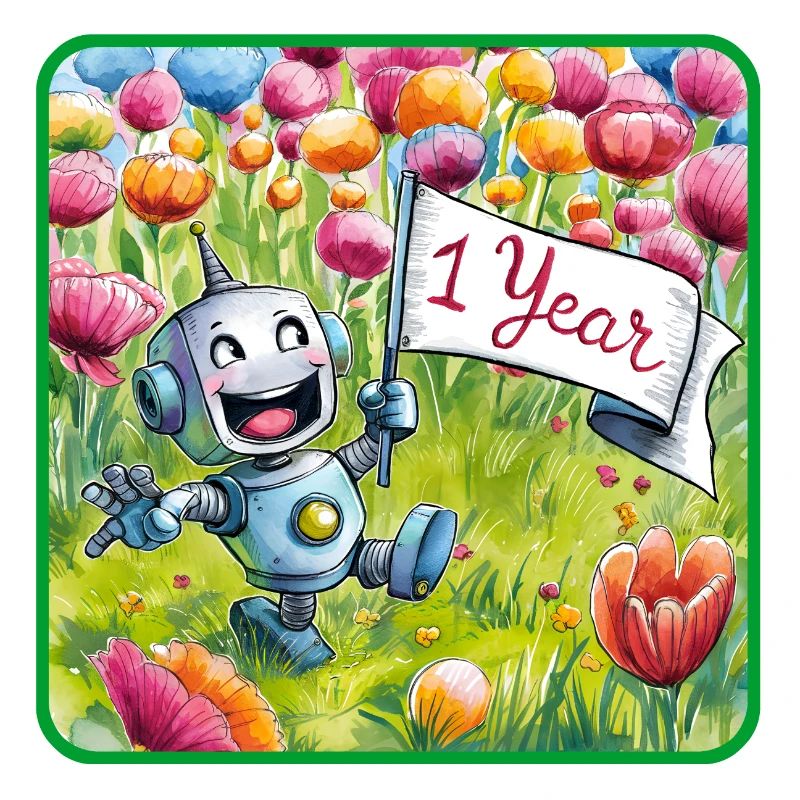 1 year 1. Birthday robot on flower meadow