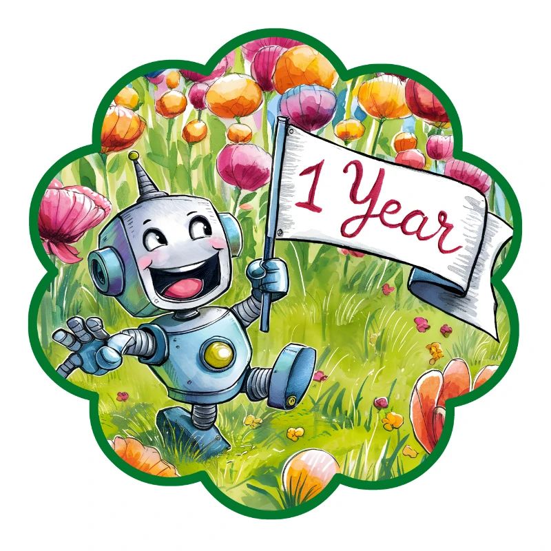 1 Jahr 1. Geburtstag Roboter auf Blumenwiese. Ein