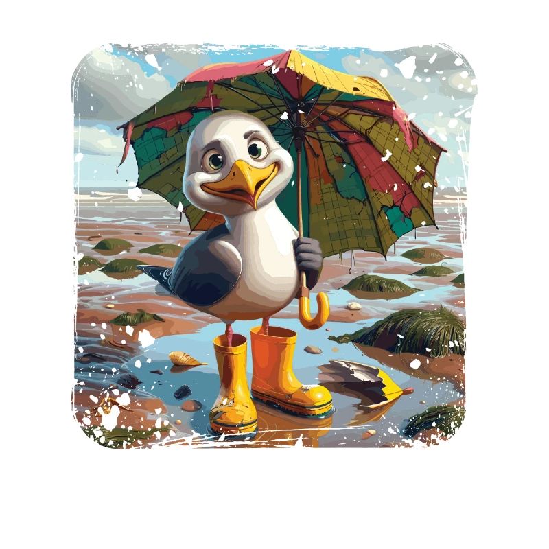 Mouette joyeuse avec bottes en caoutchouc et parapluie