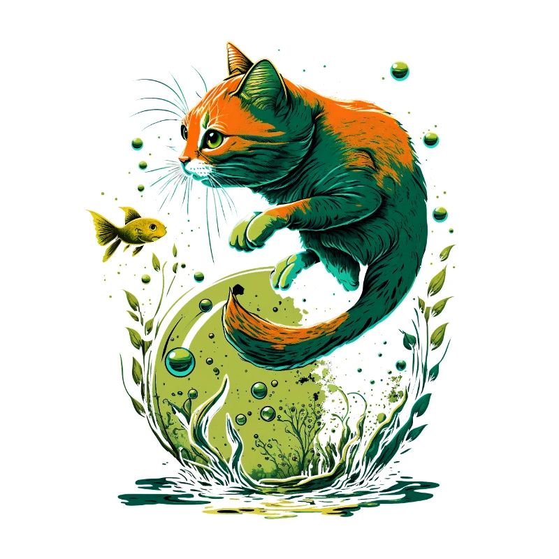 Fantasy Cat Playing with Gold Fish