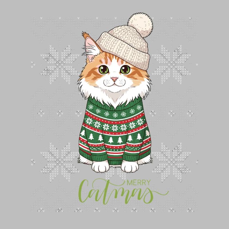Chat Noël en pull vert et beige