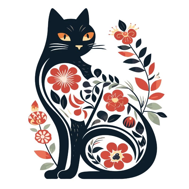 Cat silhouette with floral patterns