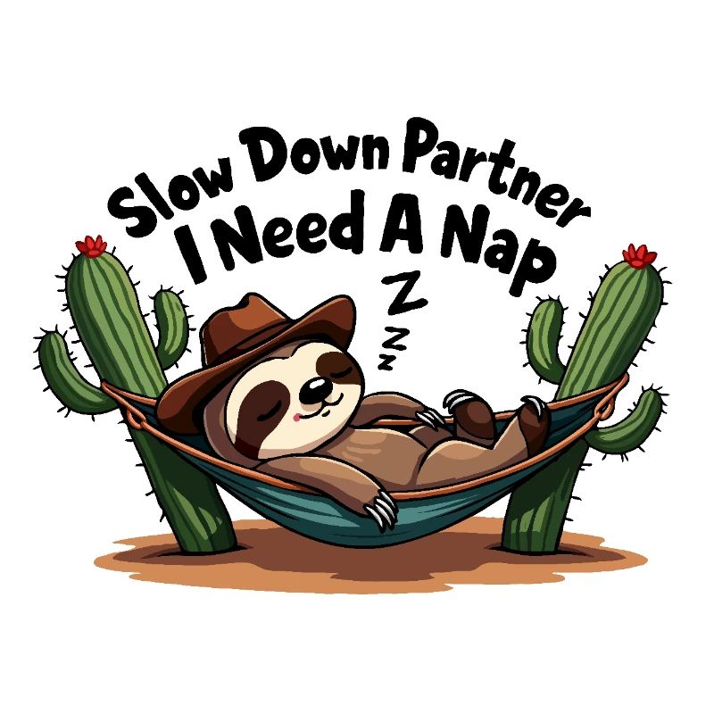 Snoring sloth with cowboy hat in hammock