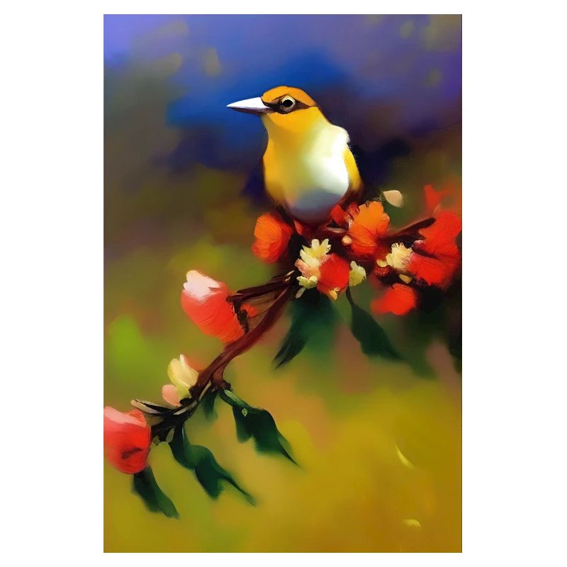 Oiseau sur branche avec des fleurs colorées