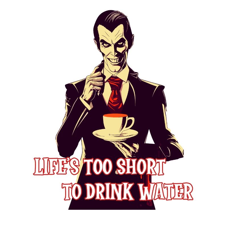 A stylish vampire drinking coffee at night.