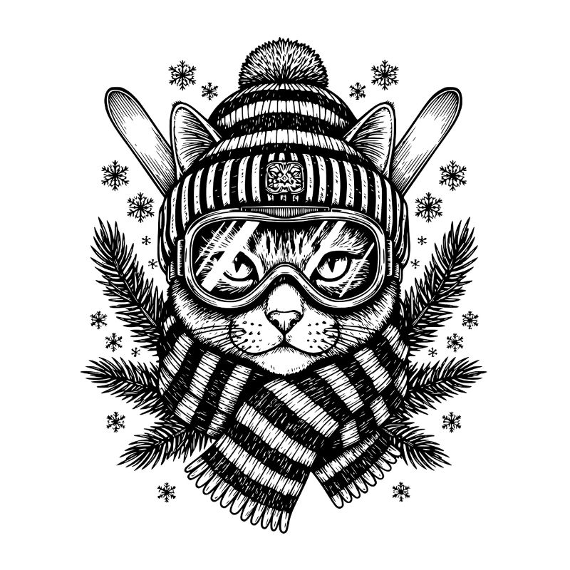 Skiing Cat Mountain Winter Art