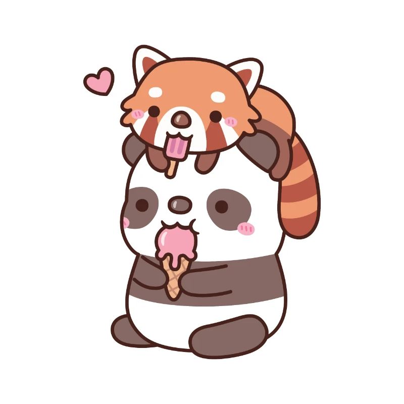 Mignon panda roux et panda mangeant de la crème glacée
