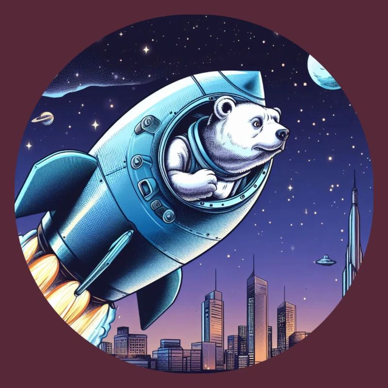 Une fusée avec un ours décolle dans l’espace devant le ciel nocturne