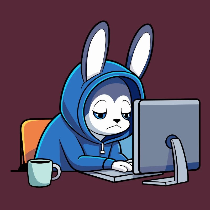 Un lapin hacker mignon dort dans un sweat à capuche devant le PC