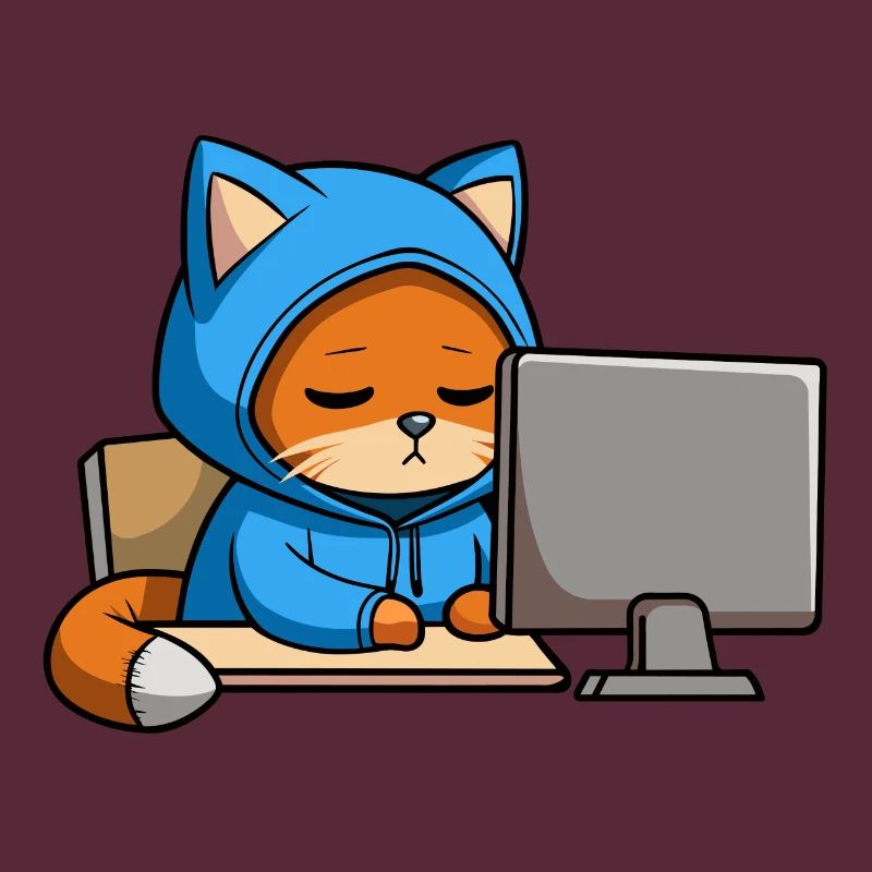 Un chat hacker mignon dort dans un sweat à capuche devant le PC
